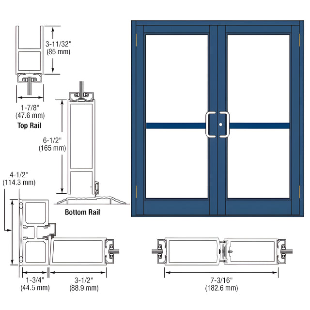 CRL-U.S. Aluminum Custom KYNAR® Paint Custom Pair Series 800 Durafront Medium Stile Butt Hinge Entrance Doors For Panics and Surface Mount Door Closers