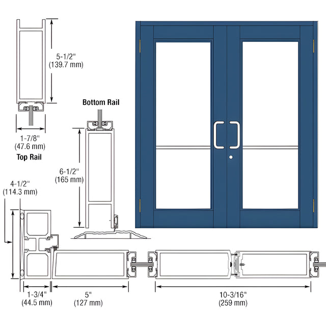 CRL-U.S. Aluminum Custom KYNAR® Paint Custom Pair Series 850 Durafront Wide Stile Butt Hinged Entrance Doors for Surface Mount Door Closers