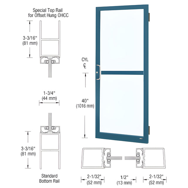 CRL-U.S. Aluminum Custom KYNAR® Paint Custom Single 36" x 84" Series 250 Narrow Stile Butt Hinge Entrance Door For Panic and OHCC