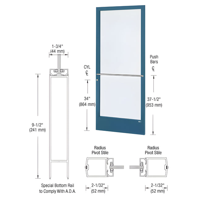 CRL-U.S. Aluminum Custom KYNAR® Paint Custom Single Series 250 Narrow Stile Center Pivot Entrance Door for Overhead Concealed Door Closer