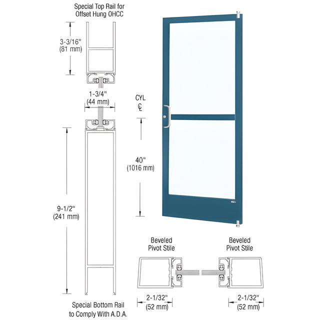 CRL-U.S. Aluminum Custom KYNAR® Paint Custom Single Series 250 Narrow Stile Offset Pivot Entrance Door With Panic for Overhead Concealed Door Closer