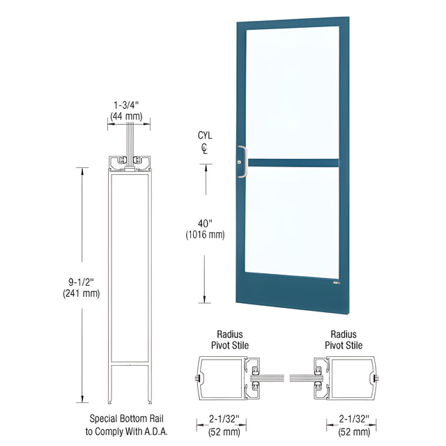 CRL-U.S. Aluminum Custom KYNAR® Paint Custom Single Series 250 Narrow Stile Center Pivot Entrance Door With Panic for Overhead Concealed Door Closer
