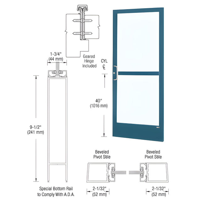 CRL-U.S. Aluminum Custom KYNAR® Paint Custom Single Series 250 Narrow Stile Geared Hinge Entrance Door With Panic for Surface Mount Door Closer