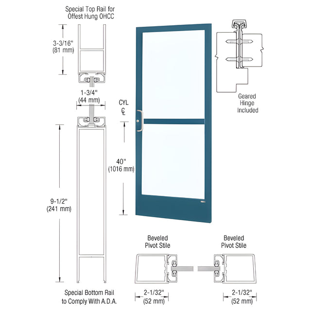 CRL-U.S. Aluminum Custom KYNAR® Paint Custom Single Series 250 Narrow Stile Geared Hinge Entrance Door With Panic for Overhead Concealed Door Closer