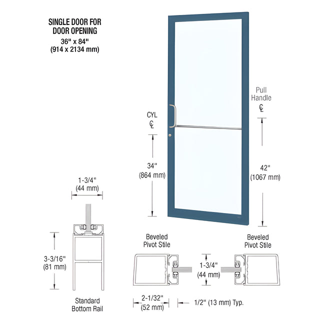 CRL-U.S. Aluminum Custom KYNAR® Paint Custom Single Series 250 Narrow Stile Geared Hinge Entrance Door for Surface Mount Door Closer