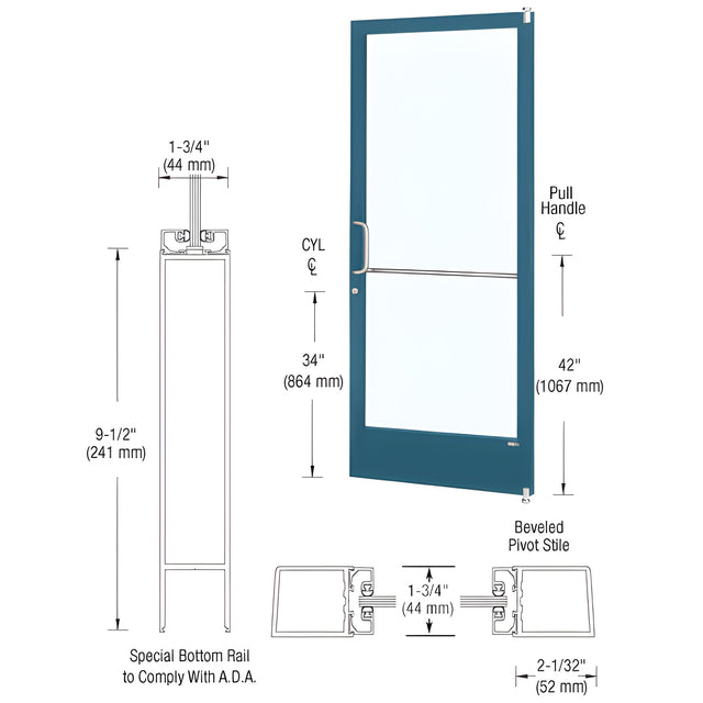 CRL-U.S. Aluminum Custom KYNAR® Paint Custom Single Series 250 Narrow Stile Offset Pivot Entrance Door for Surface Mount Door Closer