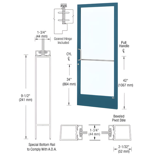 CRL-U.S. Aluminum Custom KYNAR® Paint Custom Single Series 250 Narrow Stile Geared Hinge Entrance Door for Surface Mount Door Closer