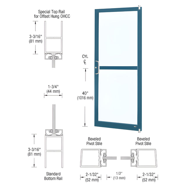 CRL-U.S. Aluminum Custom KYNAR® Paint Custom Single Series 250 Narrow Stile Offset Pivot Entrance Door for Panic and Overhead Concealed Door Closer