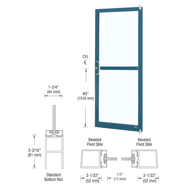 CRL-U.S. Aluminum Custom KYNAR® Paint Custom Single Series 250 Narrow Stile Offset Pivot Entrance Door with Panic for Surface Mount Door Closer