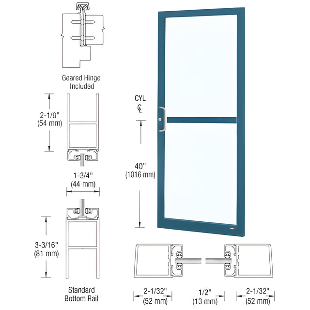 CRL-U.S. Aluminum Custom KYNAR® Paint Custom Single Series 250 Narrow Stile Geared Hinge Entrance Door With Panic for Surface Mount Door Closer