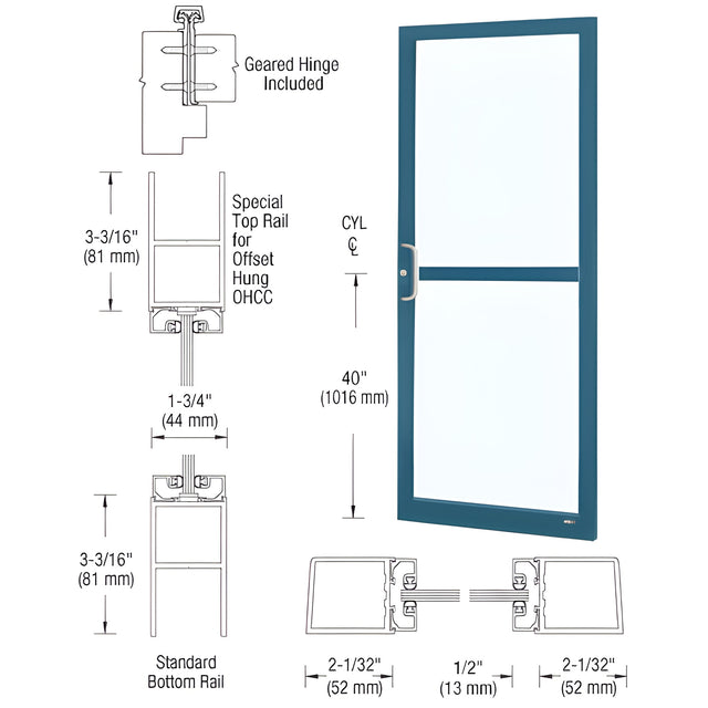 CRL-U.S. Aluminum Custom KYNAR® Paint Custom Single Series 250 Narrow Stile Geared Hinge Entrance Door With Panic for Overhead Concealed Door Closer