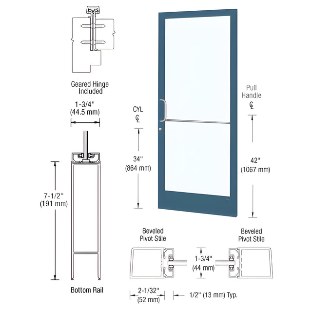 CRL-U.S. Aluminum Custom KYNAR® Paint Custom Single Series 250 Narrow Stile Geared Hinge Entrance Door for Surface Mount Door Closer