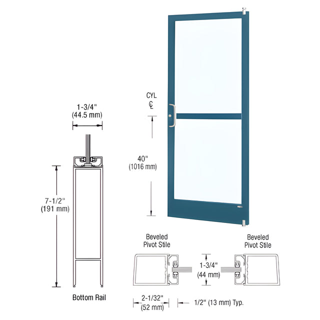 CRL-U.S. Aluminum Custom KYNAR® Paint Custom Single Series 250 Narrow Stile Offset Pivot Entrance Door with Panic for Surface Mount Door Closer