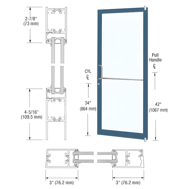 CRL-U.S. Aluminum Custom KYNAR® Paint Custom Single Series 250T Narrow Stile Offset Pivot Thermal Entrance Door for Surface Mount Door Closer