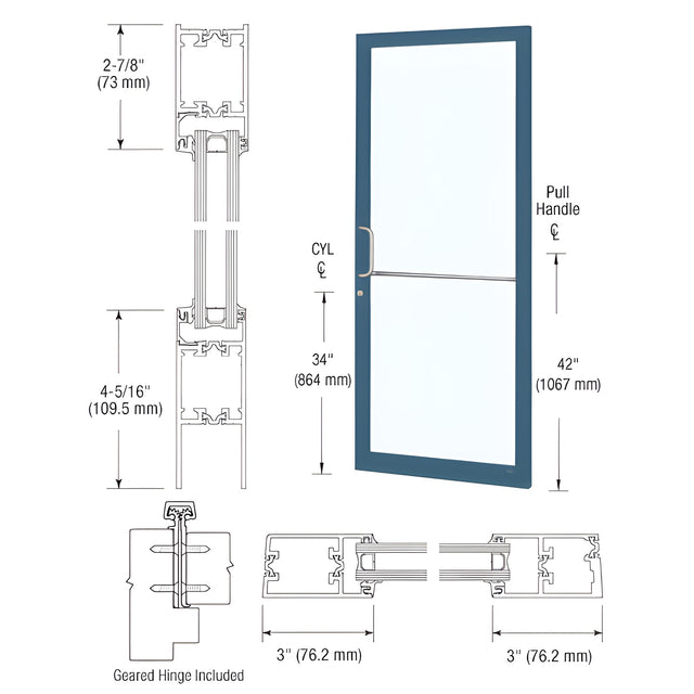 CRL-U.S. Aluminum Custom KYNAR® Paint Custom Single Series 250T Narrow Stile Geared Hinge Thermal Entrance Door for Surface Mount Door Closer