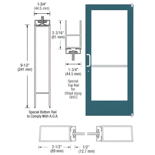 CRL-U.S. Aluminum Custom KYNAR® Paint Custom Single Series 400 Medium Stile Offset Pivot Entrance Door for Overhead Concealed Door Closer