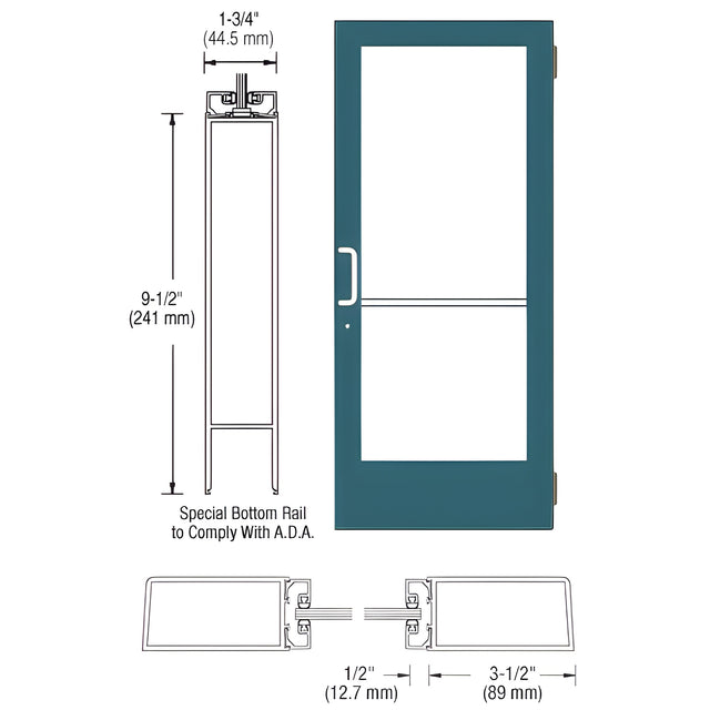 CRL-U.S. Aluminum Custom KYNAR® Paint Custom Single Series 400 Medium Stile Butt Hinged Entrance Door for Surface Mount Door Closer