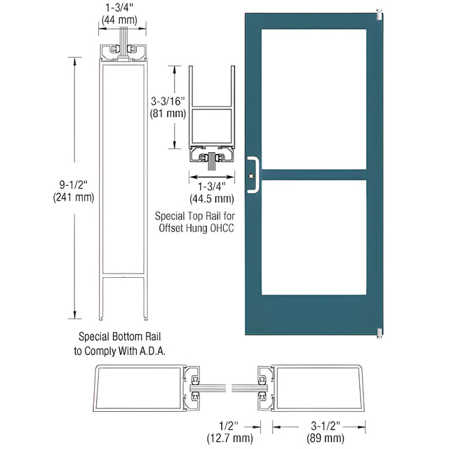 CRL-U.S. Aluminum Custom KYNAR® Paint Custom Single Series 400 Medium Stile Offset Pivot Entrance Door With Panic for Overhead Concealed Door Closer