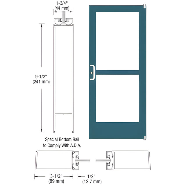 CRL-U.S. Aluminum Custom KYNAR® Paint Custom Single Series 400 Medium Stile Offset Pivot Entrance Door With Panic for Surface Mount Door Closer