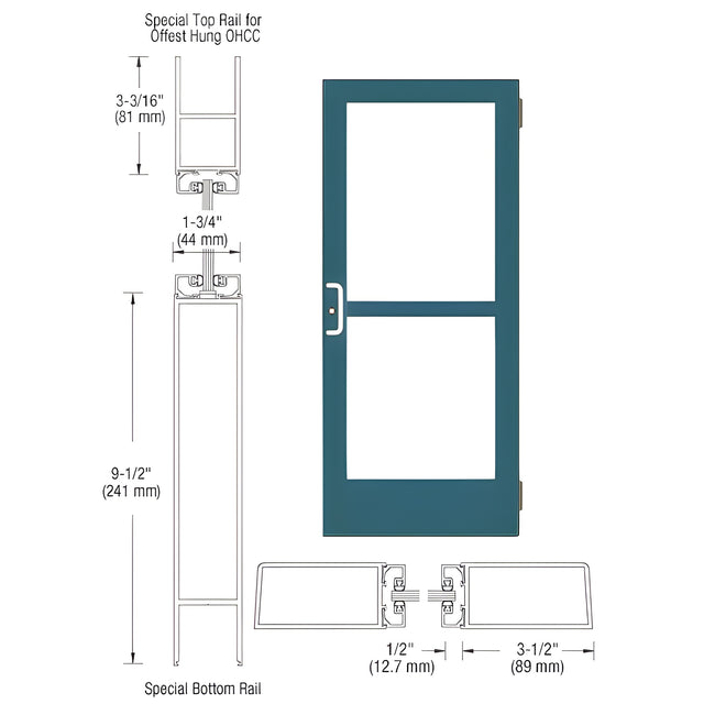CRL-U.S. Aluminum Custom KYNAR® Paint Custom Single Series 400 Medium Stile Butt Hinged Entrance Door With Panic for Overhead Concealed Door Closer
