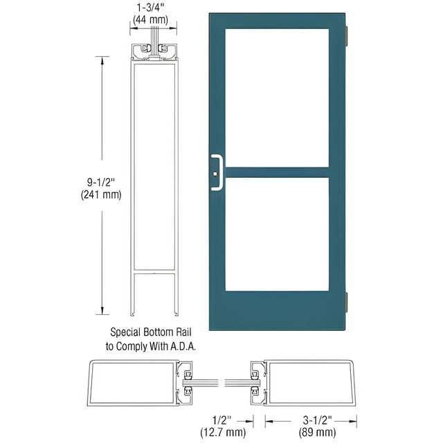 CRL-U.S. Aluminum Custom KYNAR® Paint Custom Single Series 400 Medium Stile Butt Hinged Entrance Door for Surface Mount Door Closer