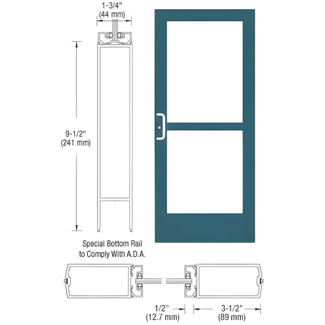 CRL-U.S. Aluminum Custom KYNAR® Paint Custom Single Series 400 Medium Stile Center Pivot Entrance Door With Panic for Overhead Concealed Door Closer