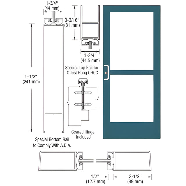 CRL-U.S. Aluminum Custom KYNAR® Paint Custom Single Series 400 Medium Stile Geared Hinge Entrance Door With Panic for Overhead Concealed Door Closer