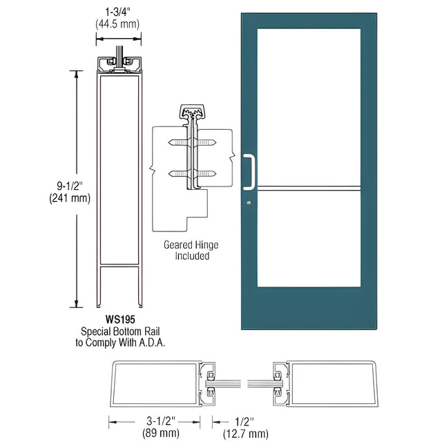 CRL-U.S. Aluminum Custom KYNAR® Paint Custom Single Series 400 Medium Stile Offset Hung Geared Hinge Entrance Door for Surface Mount Closer