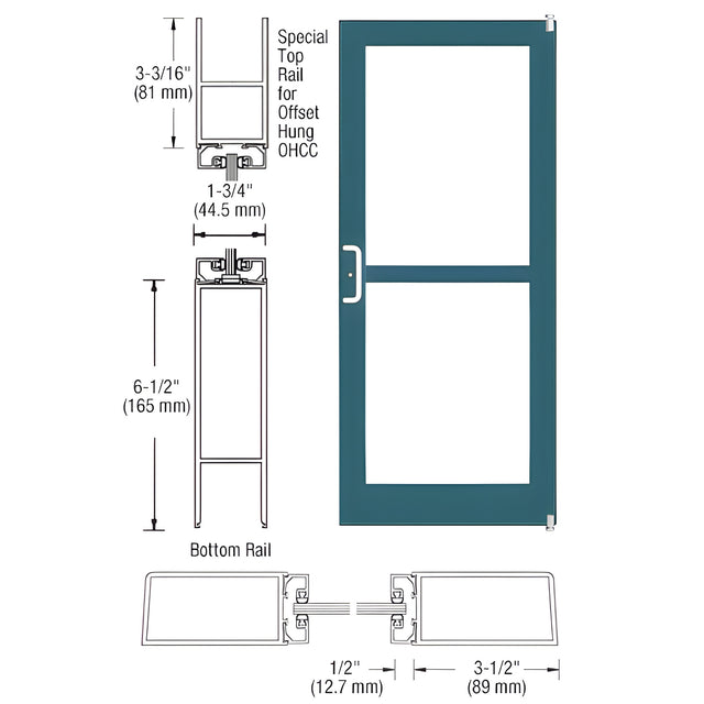 CRL-U.S. Aluminum Custom KYNAR® Paint Custom Single Series 400 Medium Stile Offset Pivot Entrance Door For Panic and Overhead Concealed Door Closer