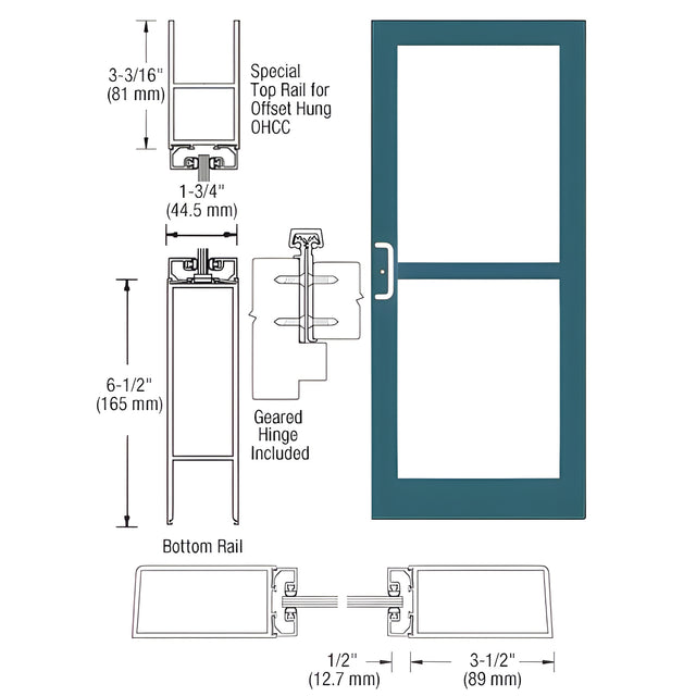 CRL-U.S. Aluminum Custom KYNAR® Paint Custom Single Series 400 Medium Stile Offset Hung Geared Hinge Entrance Door For Panic and Overhead Concealed Door Closer