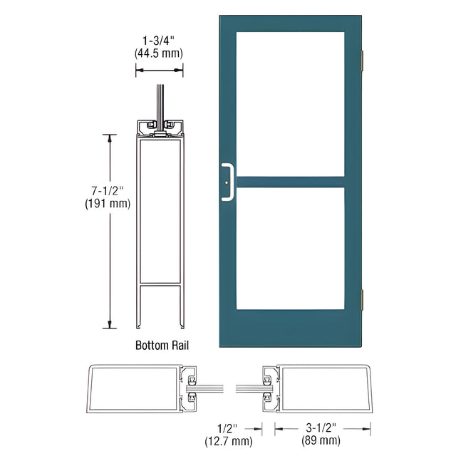 CRL-U.S. Aluminum Custom KYNAR® Paint Custom Single Series 400 Medium Stile Butt Hinged Entrance Door with Panic for Surface Mount Door Closer