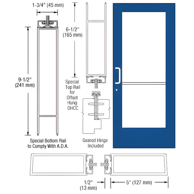 CRL-U.S. Aluminum Custom KYNAR® Paint Custom Single Series 550 Wide Stile Geared Hinge Entrance Door for Overhead Concealed Door Closer