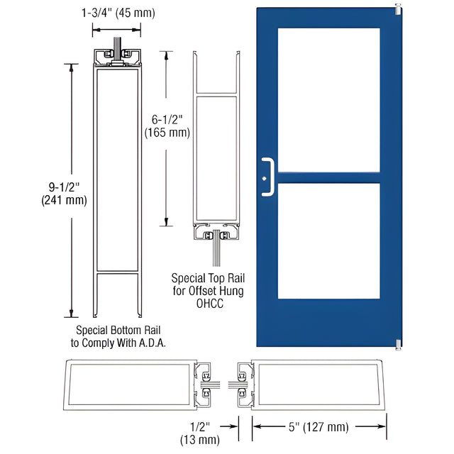 CRL-U.S. Aluminum Custom KYNAR® Paint Custom Single Series 550 Wide Stile Offset Pivot Entrance Door With Panic for Overhead Concealed Door Closer