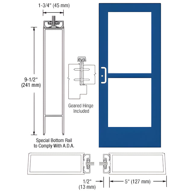 CRL-U.S. Aluminum Custom KYNAR® Paint Custom Single Series 550 Wide Stile Geared Hinge Entrance Door With Panic for Surface Mount Door Closer