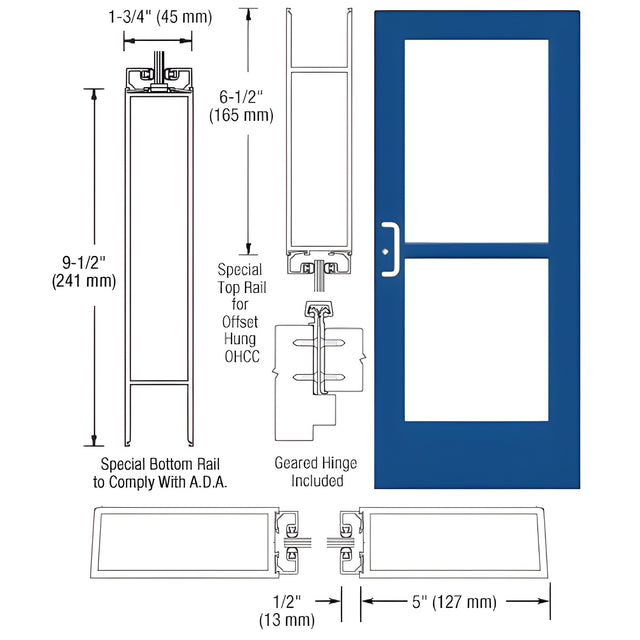 CRL-U.S. Aluminum Custom KYNAR® Paint Custom Single Series 550 Wide Stile Geared Hinge Entrance Door with Panic for Overhead Concealed Door Closer for Overhead Concealed Door Closer