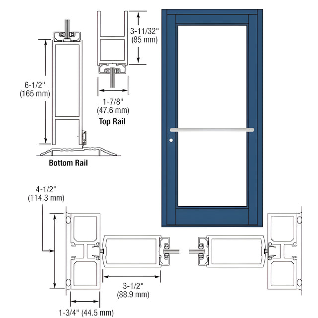 CRL-U.S. Aluminum Custom KYNAR® Paint Custom Single Series 800 Durafront Medium Stile Center Pivot Entrance Door for Overhead Concealed Door Closer