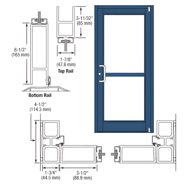 CRL-U.S. Aluminum Custom KYNAR® Paint Custom Single Series 800 Durafront Medium Stile Offset Pivot Entrance Door For Panic and Surface Mount Door Closer