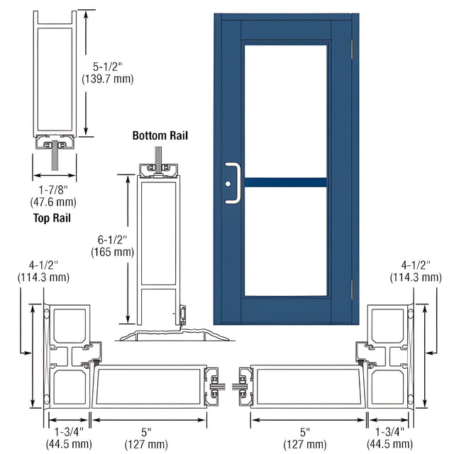 CRL-U.S. Aluminum Custom KYNAR® Paint Custom Single Series 850 Durafront Wide Stile Butt Hinged Entrance Door For Panic and Surface Mount Door Closer