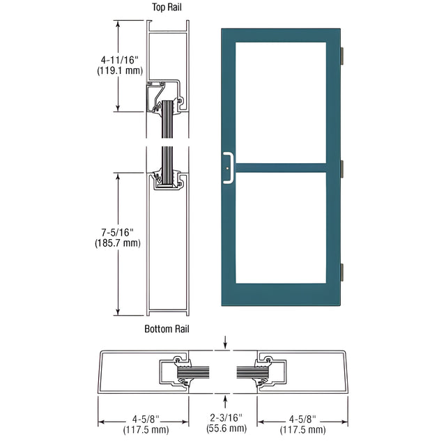 CRL-U.S. Aluminum Custom KYNAR® Paint Custom Single StormFront™ Series 400 Medium Stile Butt Hinged Entrance Door For Panic and Surface Mount Door Closer