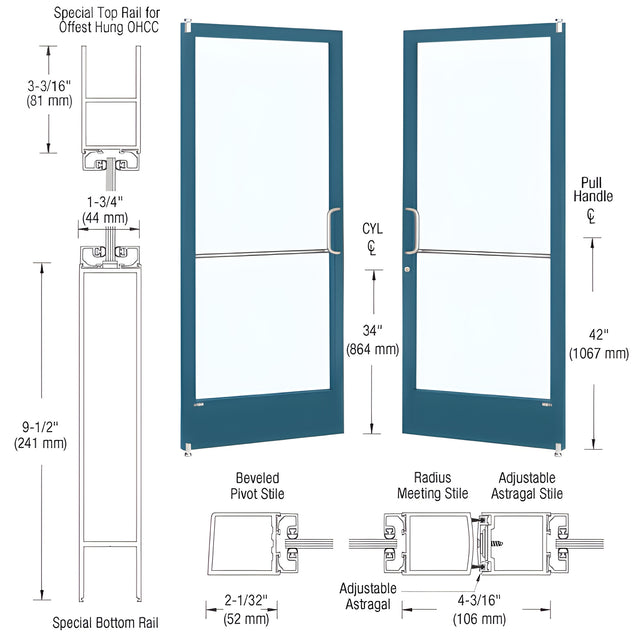 CRL-U.S. Aluminum Custom KYNAR® Paint Custom Size Pair Series 250 Narrow Stile Offset Pivot Entrance Doors for Overhead Concealed Door Closers