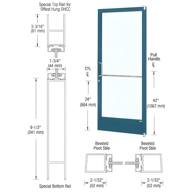 CRL-U.S. Aluminum Custom KYNAR® Paint Custom Size Single Series 250 Narrow Stile Offset Pivot Entrance Door for Overhead Concealed Door Closer
