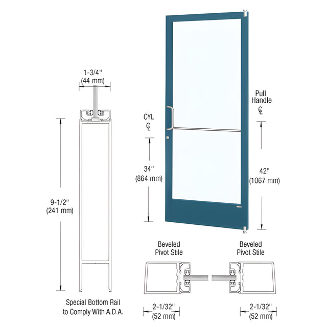 CRL-U.S. Aluminum Custom KYNAR® Paint Custom Size Single Series 250 Narrow Stile Offset Pivot Entrance Door for Surface Mount Door Closer