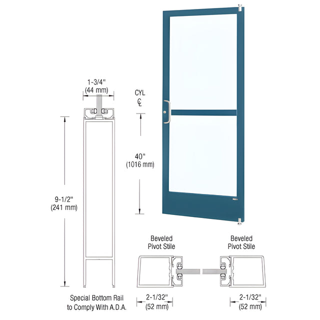 CRL-U.S. Aluminum Custom KYNAR® Paint Custom Size Single Series 250 Narrow Stile Offset Pivot Entrance Door With Panic for Surface Mount Door Closer