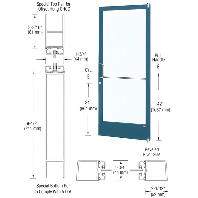 CRL-U.S. Aluminum Custom KYNAR® Paint Custom Size Single Series 250 Narrow Stile Offset Pivot Entrance Door for Overhead Concealed Door Closer