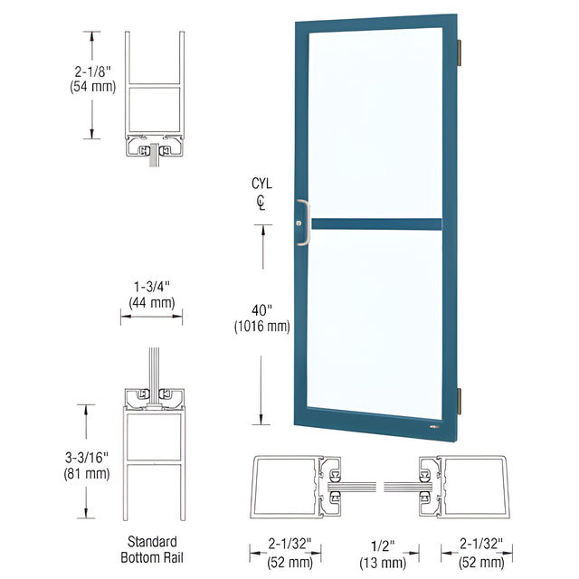 CRL-U.S. Aluminum Custom KYNAR® Paint Custom Size Single Series 250 Narrow Stile Butt Hinge Entrance Door With Panic for Surface Mount Door Closer