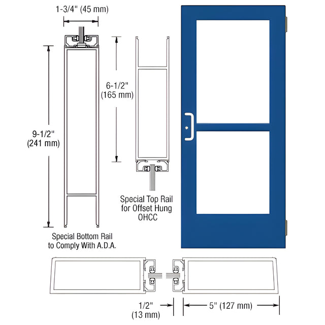 CRL-U.S. Aluminum Custom KYNAR® Paint Custom Size Single Series 550 Wide Stile Butt Hinge Entrance Door With Panic for Overhead Concealed Door Closer