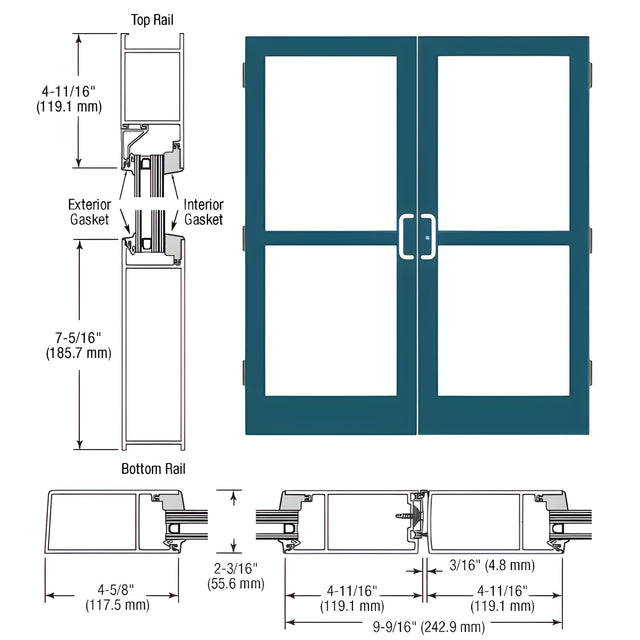CRL-U.S. Aluminum Custom KYNAR® Paint StormFront™ Series Custom Pair Butt Hinge Entrance Doors for Panics and Surface Mount Door Closers