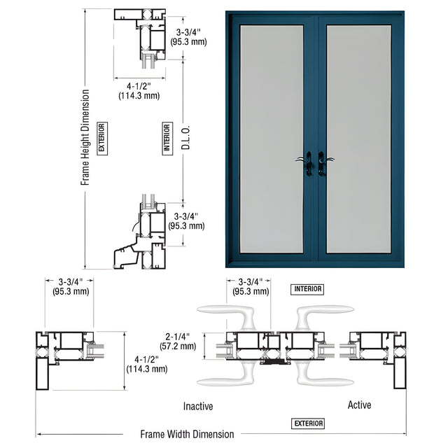 CRL-U.S. Aluminum Custom Painted Series 900 Terrace Doors With Up/Over Frame, 3-3/4" Bottom Rail, and Standard Threshold - Pair Swing In