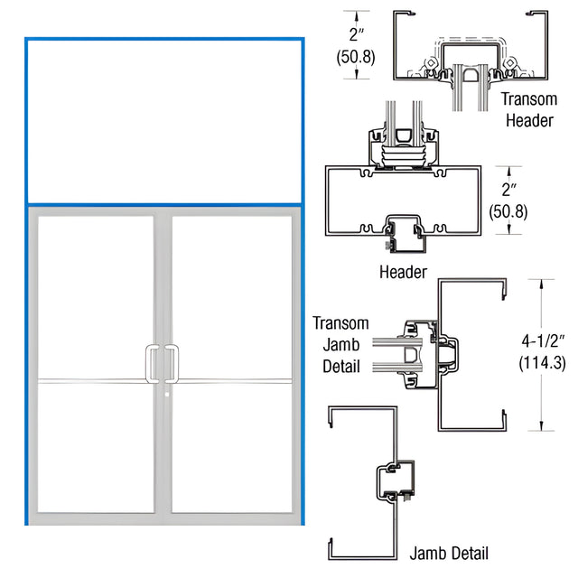 CRL-U.S. Aluminum Dark Bronze/Black Anodized Class 1 2" x 4-1/2" Open Back Transom Frame for Pair Doors with Continuous Gear Hinge and Surface Mount Closers Prepped Only for Flush Bolts