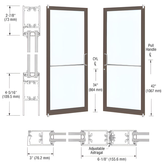CRL-U.S. Aluminum Dark Bronze/Black Anodized Class 1 Custom Pair Series 250T Narrow Stile Offset Pivot Thermal Entrance Doors for Surface Mount Door Closers